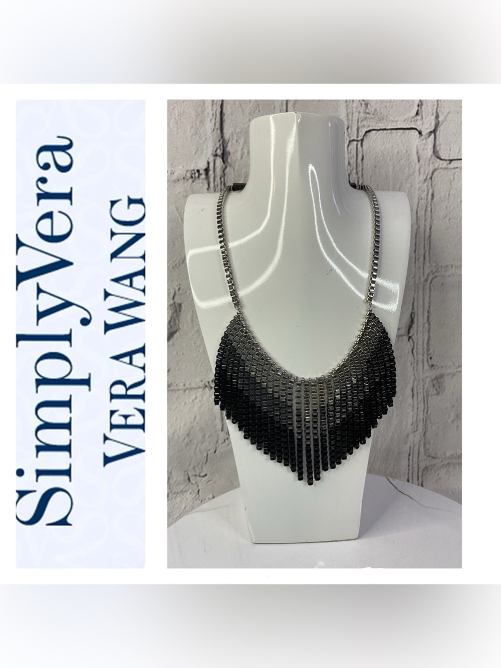 🌟🌟 Vera Wang Gunmetal to Black Ombre Fringe Bib Necklace